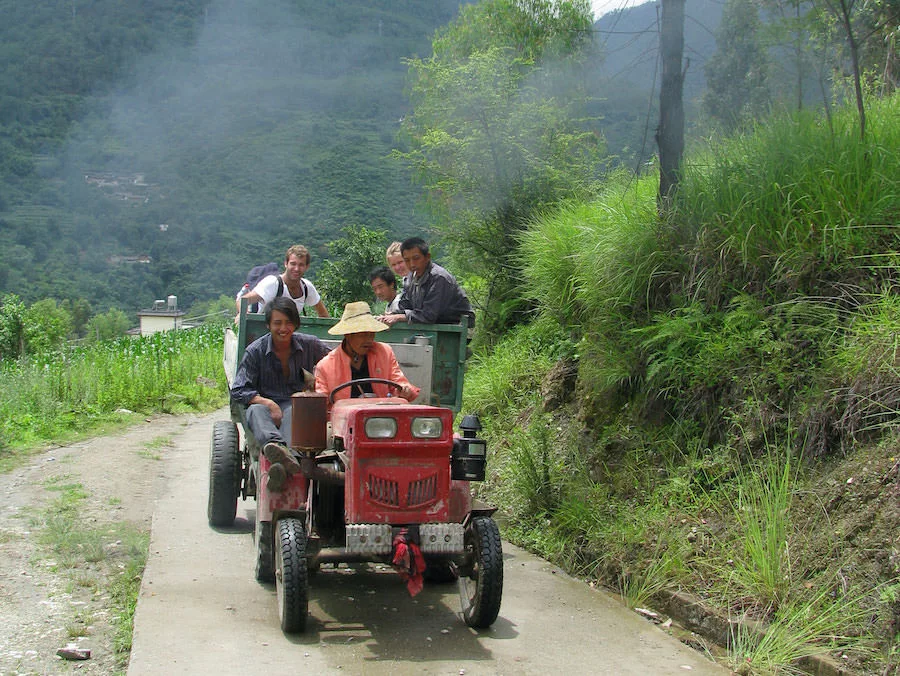 Ascending a mountain on a tractor in China